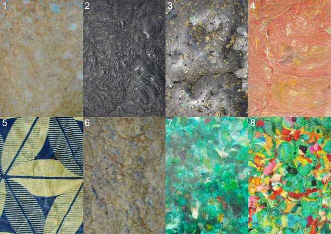 Tiles made from 1. PET 2. PP 3. HDPE 4. PP 5. Incubated fabric 6. LDPE 7. PP 8. PP